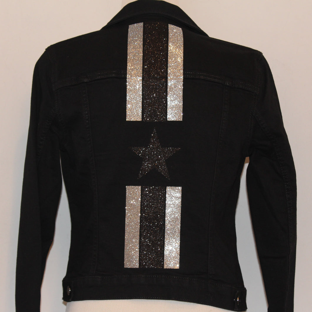 Black Denim Jacket with Glitter Stripes 