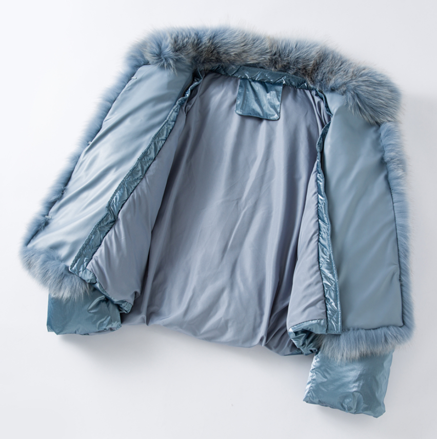 metallic puffer jacket with fur hood