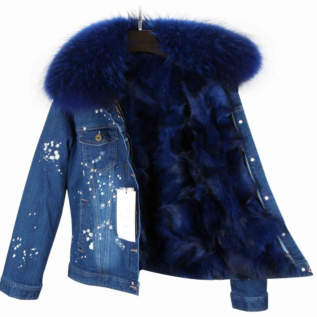blue jean fur jacket