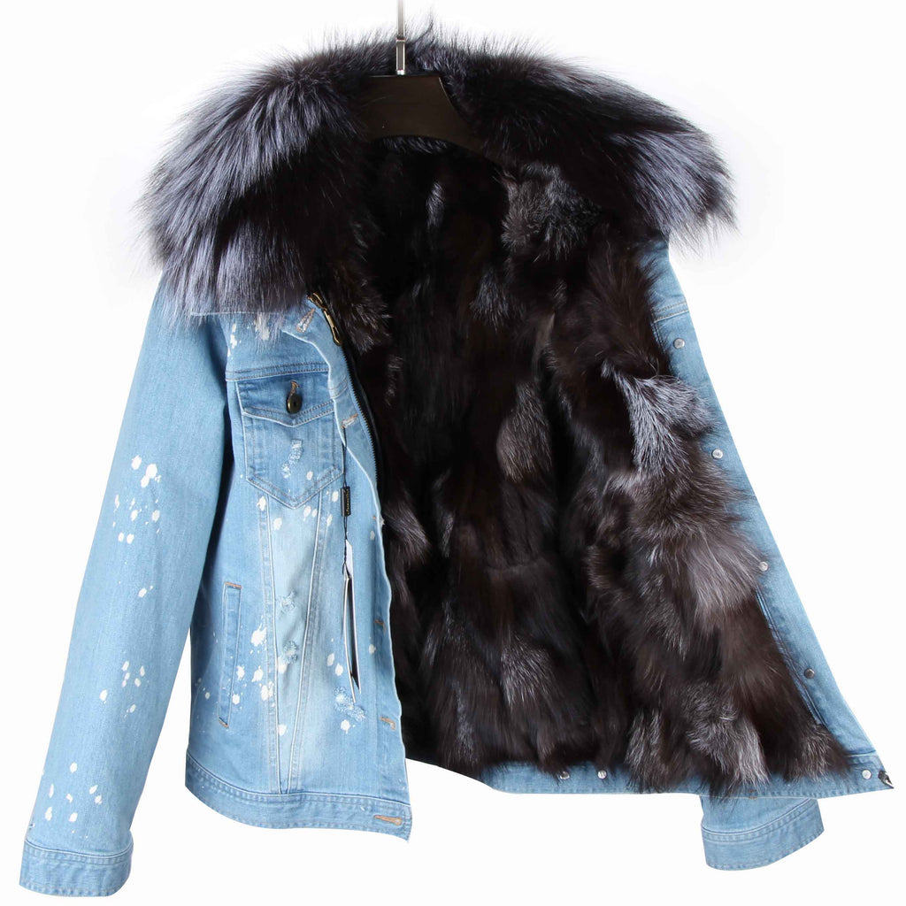Distressed Denim Jacket with Gray Fur Lining and Collar – Daniella Erin NYC