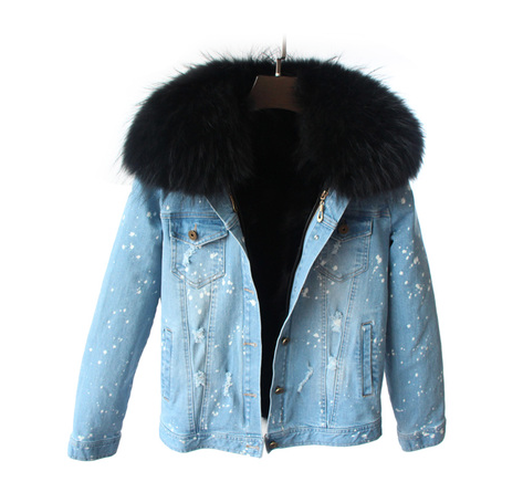 Distressed Denim Jacket with Black Fur Lining and Collar – Daniella ...