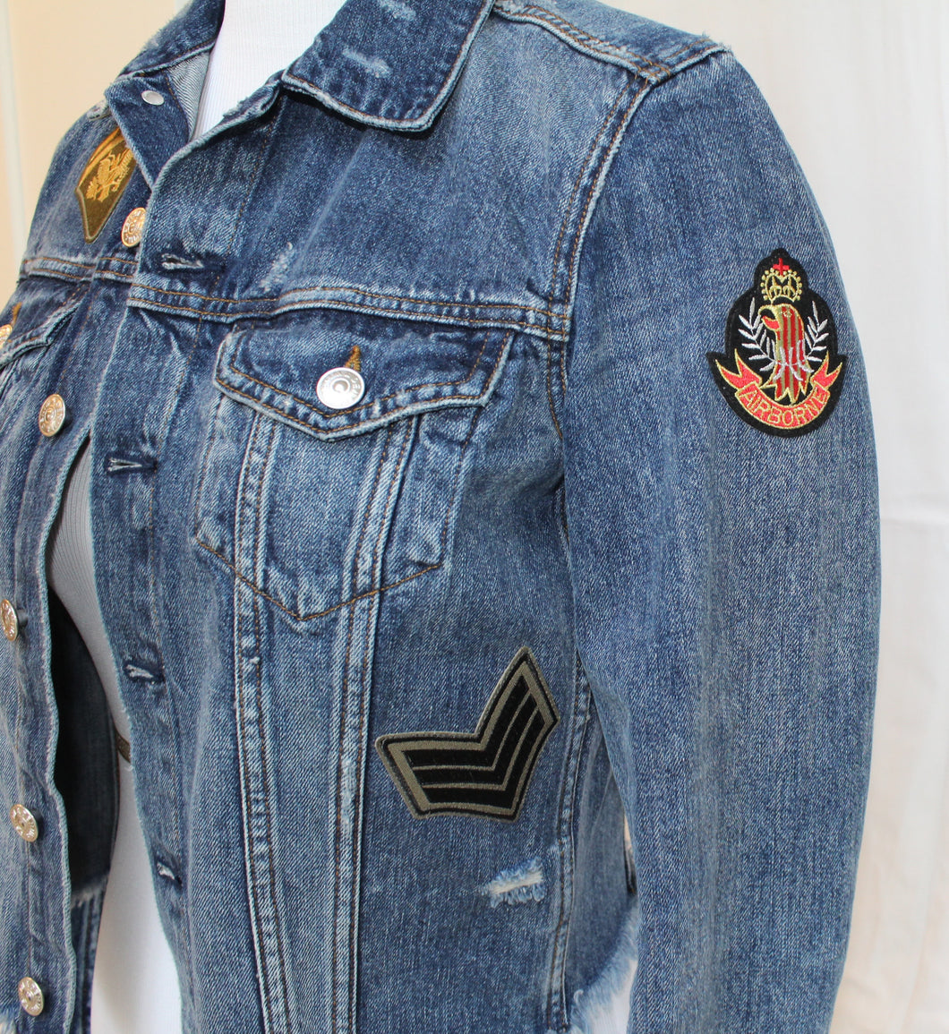 blue jean jacket with patches