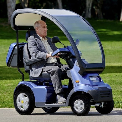 Image of a blue 4-wheel Afiscooter S scooter with a canopy, designed by AFIKIM.