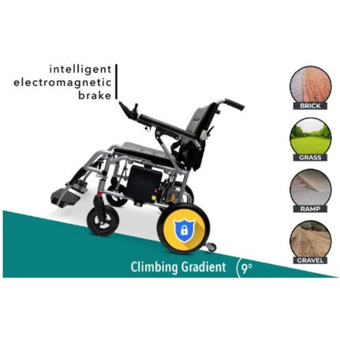 A lightweight electric wheelchair with various features, designed for easy mobility and comfort.