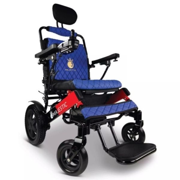 A wheelchair with a black and red frame, featuring a blue seat and cushion.