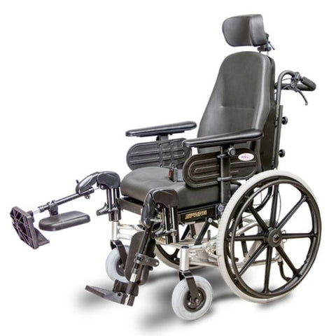 A photo of an EV Rider Tilt N Space wheelchair with legrest elevated, showcasing its innovative design and functionality.