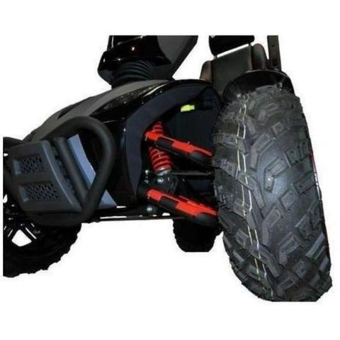 A front wheel view of the EV Rider Vita Monster 4-wheel scooter by Heartway, showcasing its sturdy design and sleek appearance.