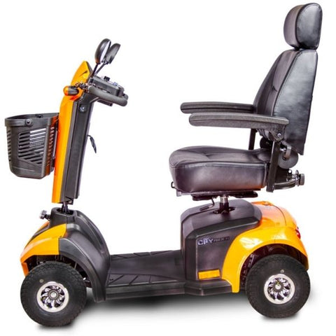 Image of an orange EV Rider CityRider mobility scooter viewed from the side.