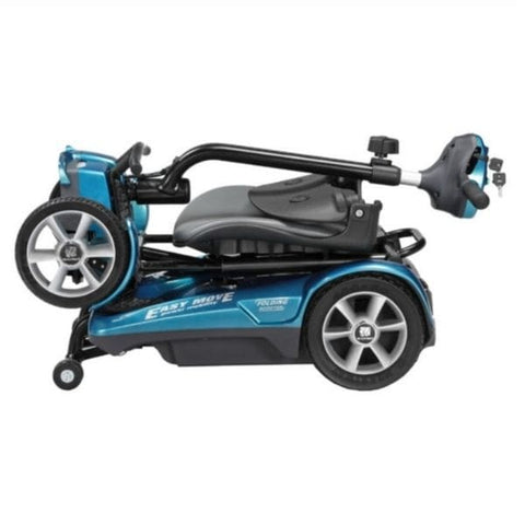 A folded view of the EV Rider Transport AF 4W Folding Mobility Scooter, a compact and portable mobility scooter designed for easy transportation.