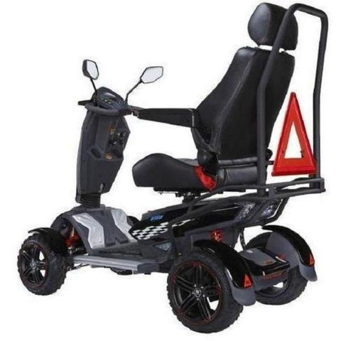Image: A rear view of the EV Rider Vita Monster 4-Wheel Scooter Heartway - S12X. The scooter is designed with a sturdy frame and four wheels for stability. It features a comfortable seat and a sleek, modern design.