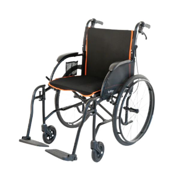 Feather Lightweight Wheelchair Grey with Orange Pipping Front-Left View