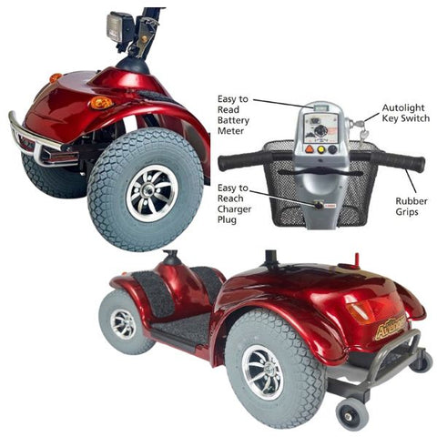 Image of a Golden Technologies Avenger 500lb Capacity 4-Wheel Scooter in chrome finish, featuring chrome bumpers and anti-tip wheels.