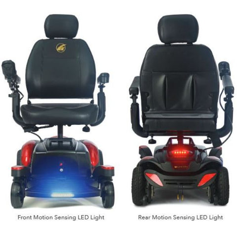 A front and rear view of the Golden Technologies Buzz About Power Chair GP164, showcasing its sleek design and functionality.