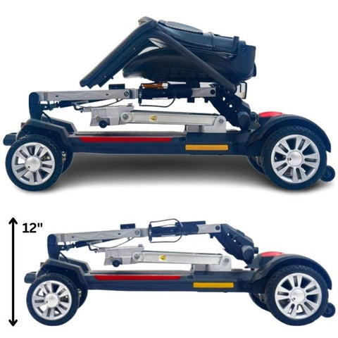 A folded view of the Golden Technologies Buzzaround Carry On Folding Mobility Scooter GB120, a compact and portable mobility scooter designed for easy transportation.