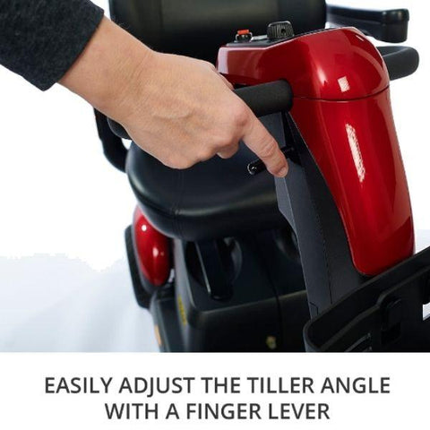 A three-wheel electric scooter with a tiller and finger lever control, the Golden Technologies Buzzaround LX.