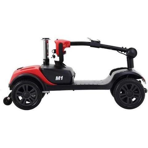 A red M1 Lite 4-wheel mobility scooter with tiller folded, showcasing its compact design.