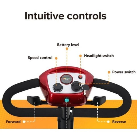 Image of a 4-wheel mobility scooter with an intuitive control panel.