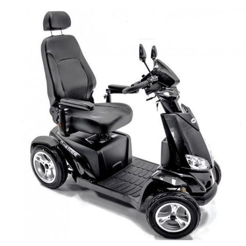 Image of a silver Merits S941L Silverado Extreme Bariatric Scooter, viewed from the left side. This heavy-duty mobility scooter is designed for individuals with larger body frames, offering enhanced stability and comfort.