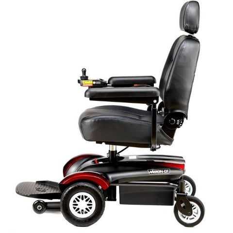 A side view of the Merits Health P322 Vision CF power wheelchair, showcasing its sleek design and functionality.