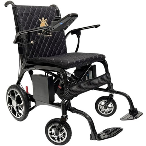 A sleek black carbon fiber folding electric wheelchair, perfect for mobility and convenience.