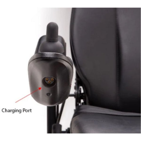 A Pride Jazzy 600 ES Power Chair with a visible charging port.