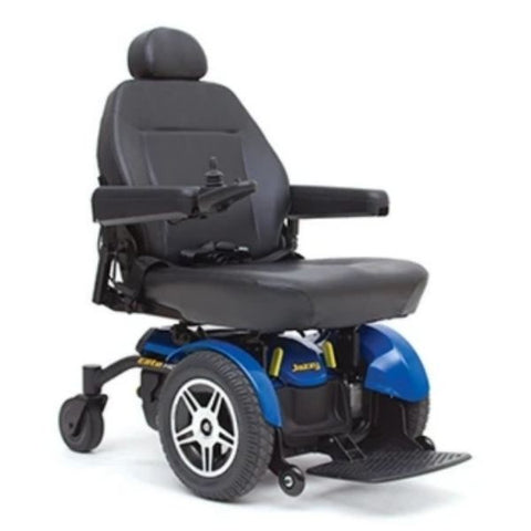 A front view of a blue Pride Jazzy Elite HD Power Wheelchair, showcasing its sleek design and sturdy construction.
