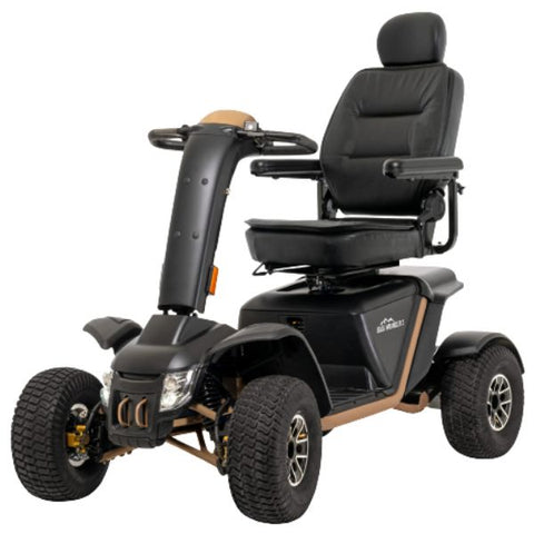 A heavy-duty desert sand-colored Pride Baja Wrangler 2 scooter, designed for off-road adventures.