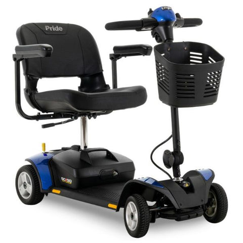 A blue Pride Go-Go Elite Traveller 4-wheel scooter, perfect for mobility and independence.