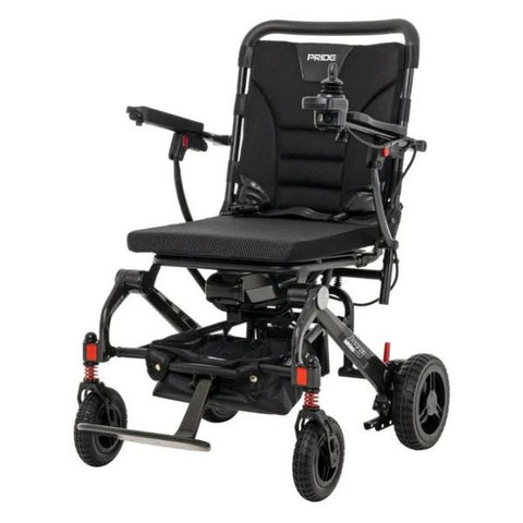 A left view of the Pride Jazzy Carbon Travel Lite Power Chair, a sleek and modern power wheelchair designed for easy travel and mobility.