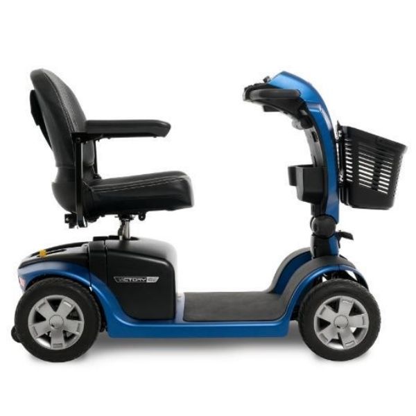 A side view of the Pride Victory 10.2 Mid-Size Bariatric 4 Wheel Scooter, showcasing its sleek design and sturdy build.