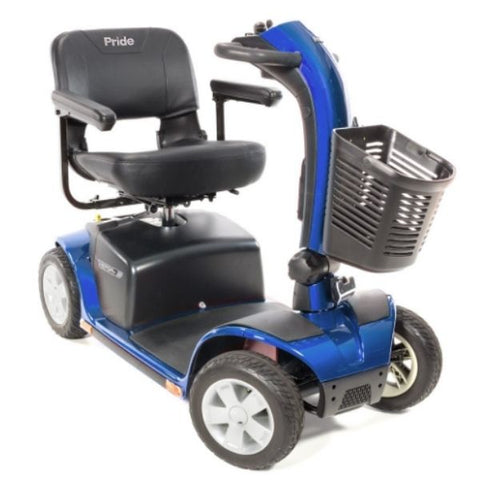 Image: A blue Pride Victory 10 4-Wheel Power Scooter, a mobility device designed for individuals with limited mobility. The scooter features a comfortable seat, four wheels for stability, and a sleek design. It is powered by a battery and has various control buttons and a steering handle.