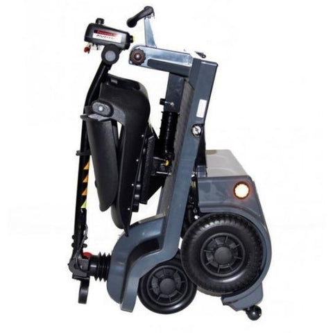 Image of a Shoprider Echo Folding Mobility Scooter. The scooter is compact and foldable, making it convenient for transportation and storage. It features a sleek design with a comfortable seat, handlebars, and wheels. The scooter is ideal for individuals with mobility challenges, providing them with independence and ease of movement.