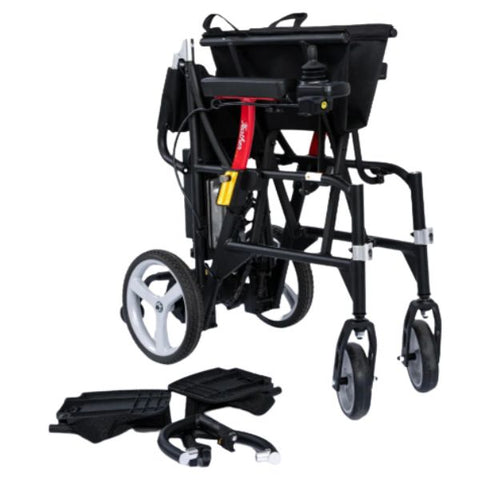 Feather Ultra Lightweight Powerchair Folded with Accessories next to it