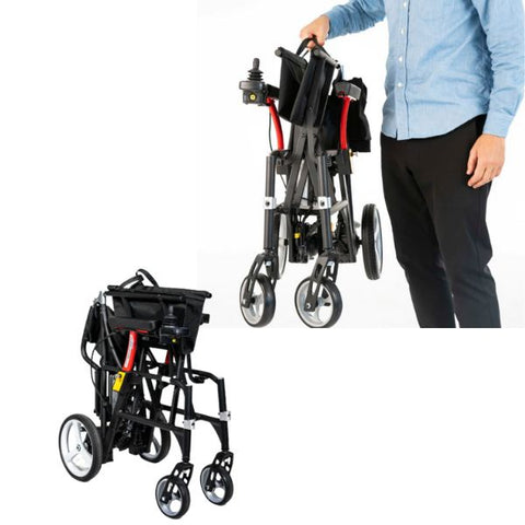 Feather Ultra Lightweight Powerchair folded & man carrying the folded powercair