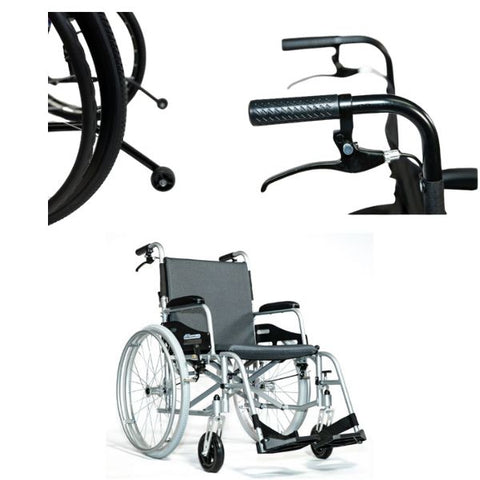 Accessible rear wheel locks & bicycle-style locking brake levers at the push handles & Feather Lightweight Wheelchair Front-Right View