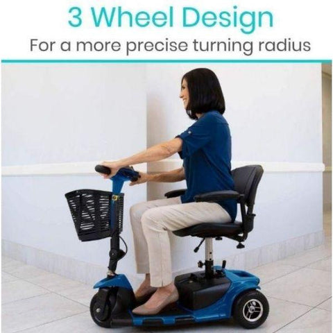 Image of a ViVe Health 3-wheel mobility scooter with a sleek and compact design. The scooter is shown from a side view, highlighting its three-wheel configuration. It features a comfortable seat, handlebars, and a sturdy frame. The scooter is designed for individuals with mobility challenges, providing them with a convenient and reliable mode of transportation.