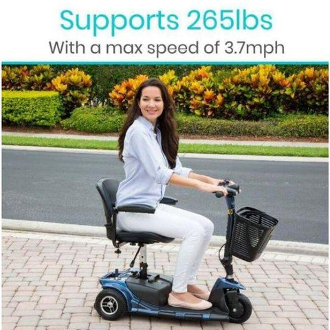 Image of a ViVe Health 3-wheel mobility scooter, designed to support up to 265 lbs. The scooter is shown from a side view, with a sleek and compact design. It features a comfortable seat, handlebars, and three sturdy wheels for easy maneuverability.