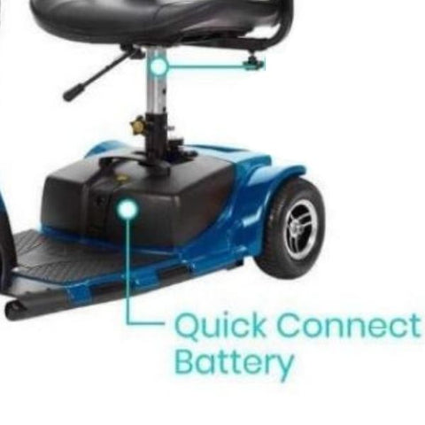 Image of a ViVe Health 3-wheel mobility scooter battery pack. The battery pack is shown from a side view, with three wheels visible. It is compact and designed for easy transportation.