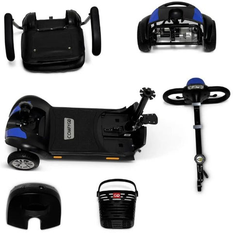 A disassembled view of the ComfyGoZ-4 mobility scooter, showing the various parts and components laid out neatly for easy assembly.
