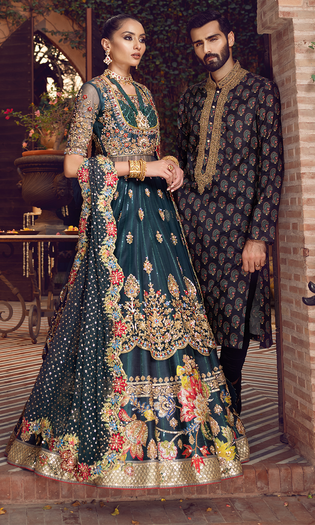 Pakistani Bridal Pishwas Frock Lehenga Mehndi Dress#N#– Nameera by Farooq