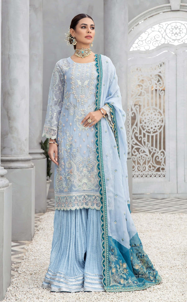 Blue Pakistani Dress in Kameez Sharara Dupatta Style#N#– Nameera by Farooq