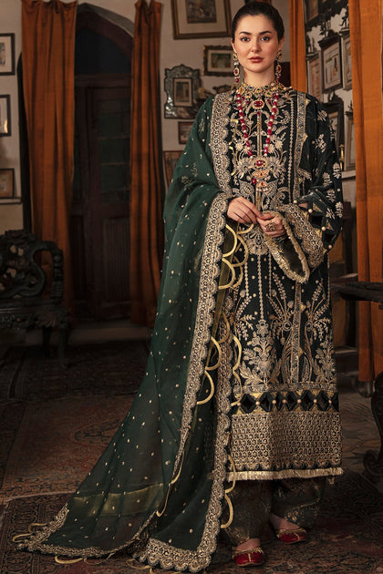 Latest Bottle Green Pakistani Dress with Golden Details – Nameera by Farooq