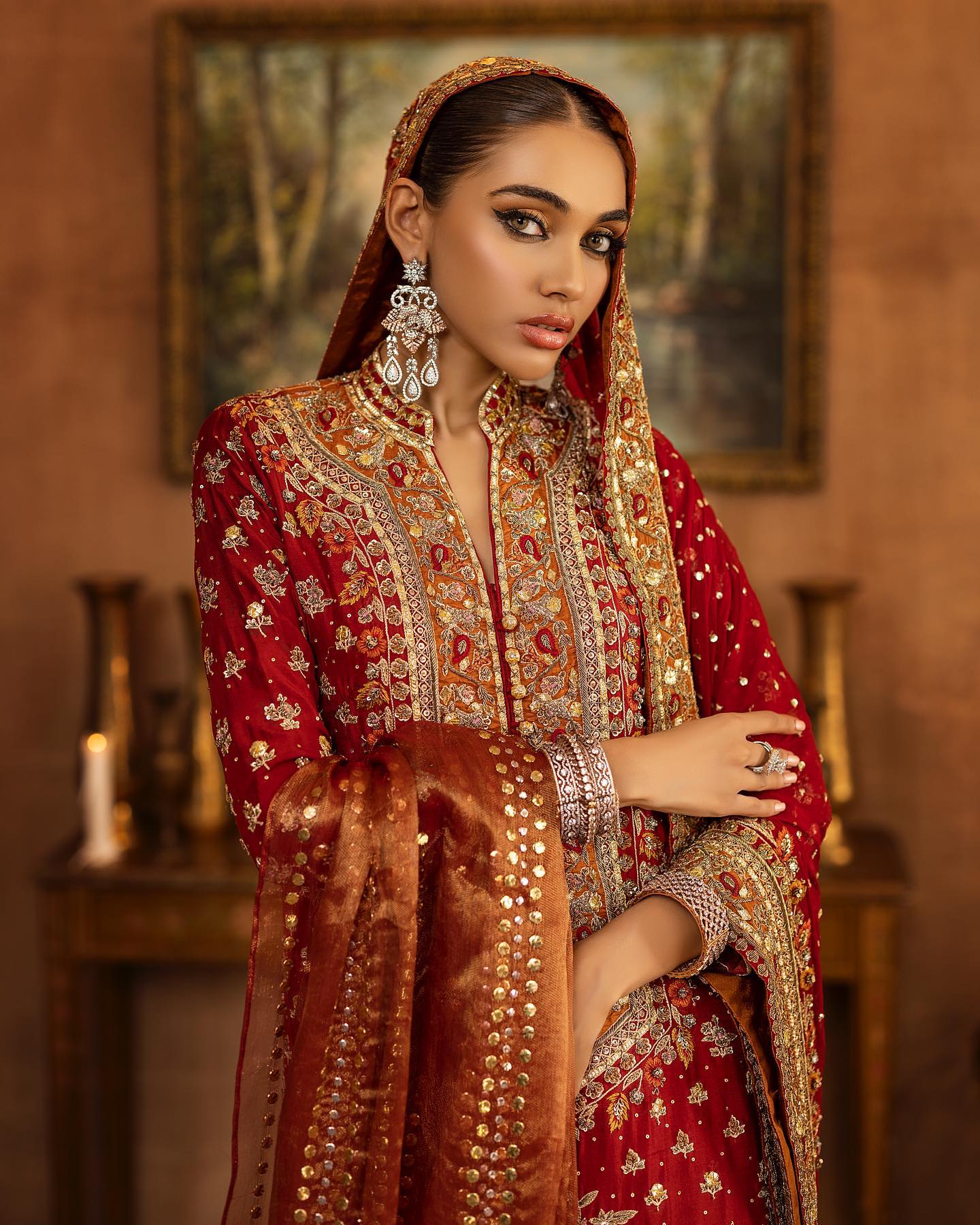 Farshi Gharara With Embellished Red Kameez And Dupattan Nameera By Farooq 9795