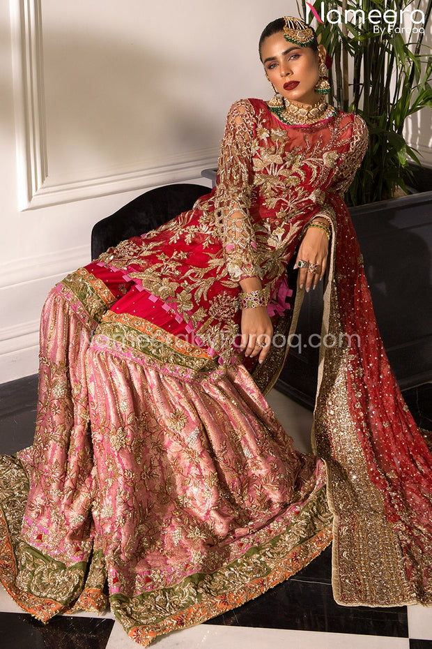 Latest Bridal Gharara Pakistani In Jamawar With Red Kurti Nameera By Farooq 0199