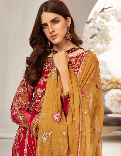 Shop Pakistani Red Chiffon Dress With Burnt Orange – Nameera by Farooq