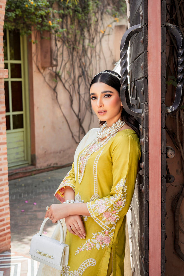 Mustard Embroidered Kameez Trouser Pakistani Eid Dress Online Nameera By Farooq 2400