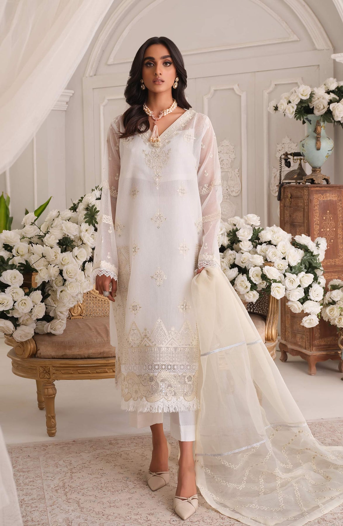 Cotton Net White Salwar Kameez Pakistani Eid Dress#N#– Nameera by Farooq