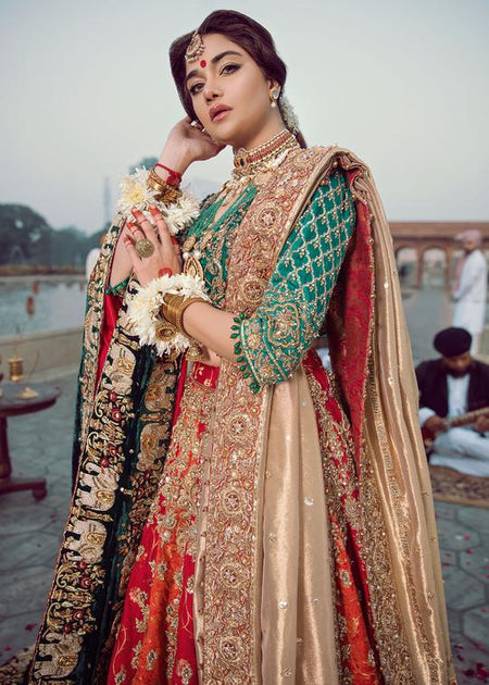 Designer Bridal Lehnga with Velvet Shawl – Nameera by Farooq