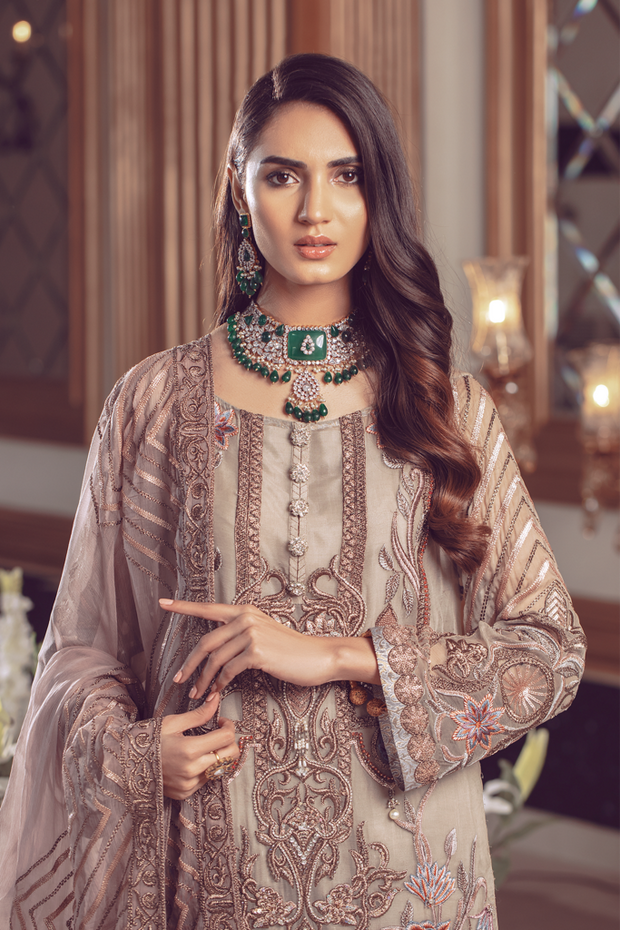Eid Formal Dress Embellished with Thread & Organza Work – Nameera by Farooq