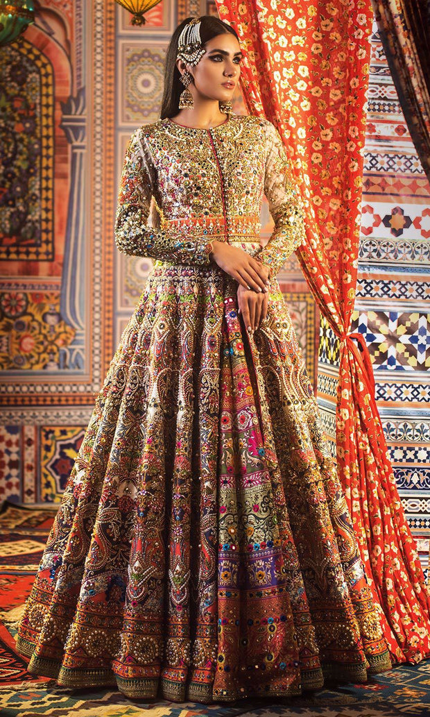 Elegant Bridal Mehndi Lehenga With Mirror Work Nameera By Farooq 2480